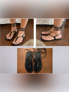 Authentic Vintage Yves Saint Laurent Rive Gauche Black Leather Lace-Up Sandals